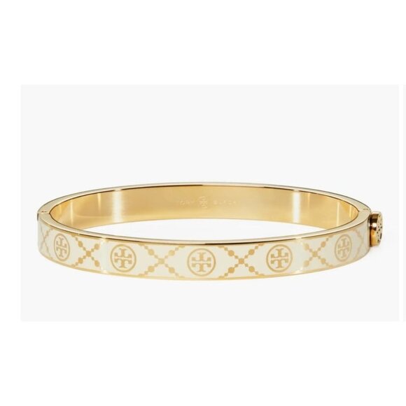 Tory Burch Double T Monogram Gold & Ivory Enamel Logo Bracelet - Picture 1 of 7